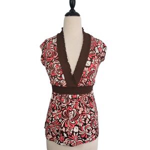 Vintage Y2K Babydoll Top Deep V Empire Waist Chocolate Brown Pink‎ Floral Small